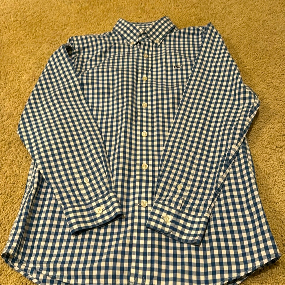 Boys Blue and White Gingham Whale Shirt - Size M 12/14
